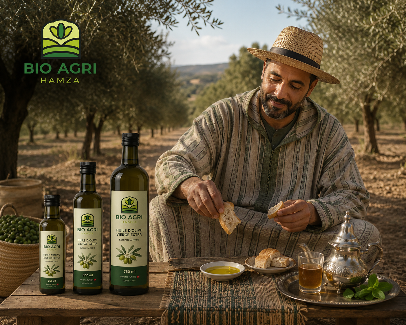 Producteur dans une oliveraie avec des bouteilles d'huile d'olive BIO AGRI HAMZA